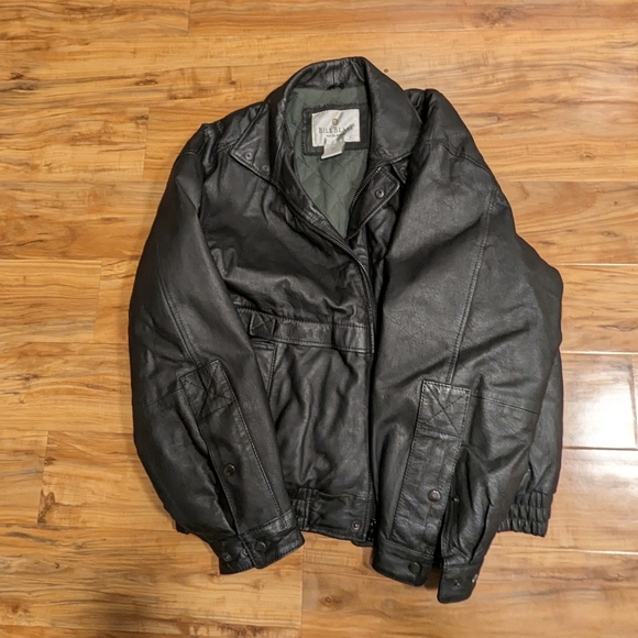 Genuine Leather Bomber Jacket Men's Large Black EUC Biker Bill Blass Vintage - Picture 2 of 6